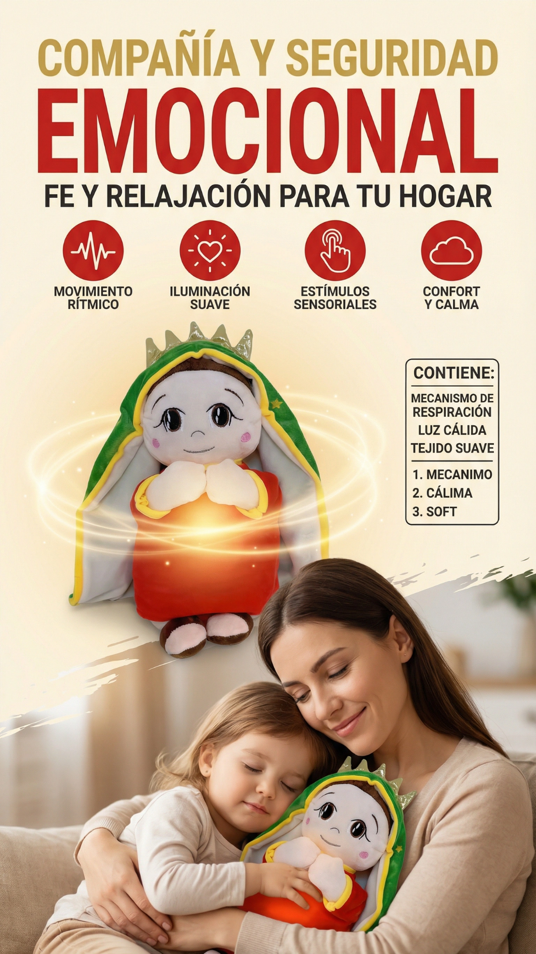 Peluche de la Virgen de Guadalupe con Función de Respiración y Luz