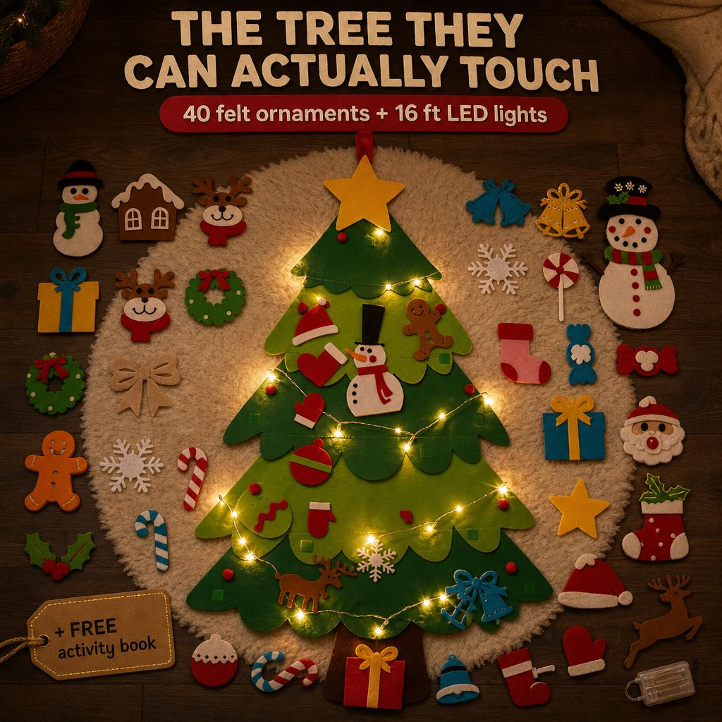 Felt Christmas tree with 40 ornaments, LED lights and a free activity book