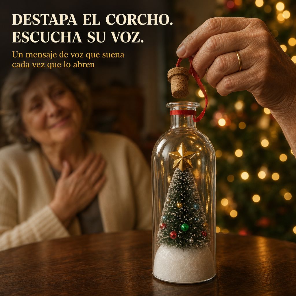 Abuela destapando el arbolito en botella para escuchar un mensaje de voz