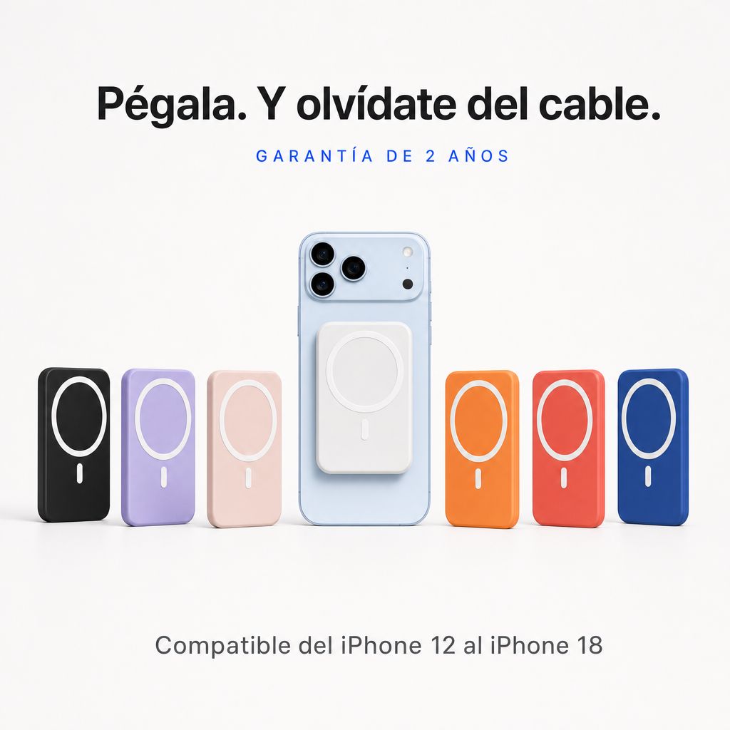 Powerbank magnética HALO blanca pegada a un iPhone, con los otros seis colores alineados a los lados