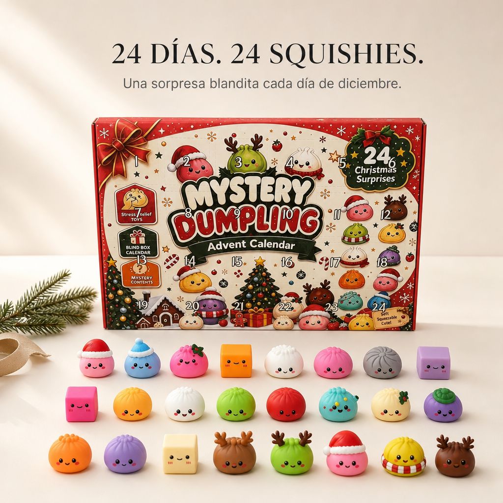 Calendario de adviento con 24 squishies navideños: la caja y los 24 squishies en tres filas