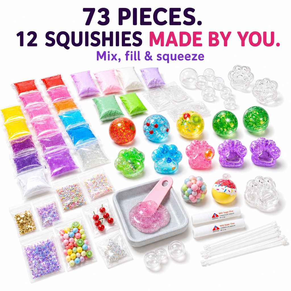 DIY Squishy Kit with 73 pieces and the 12 finished squishies