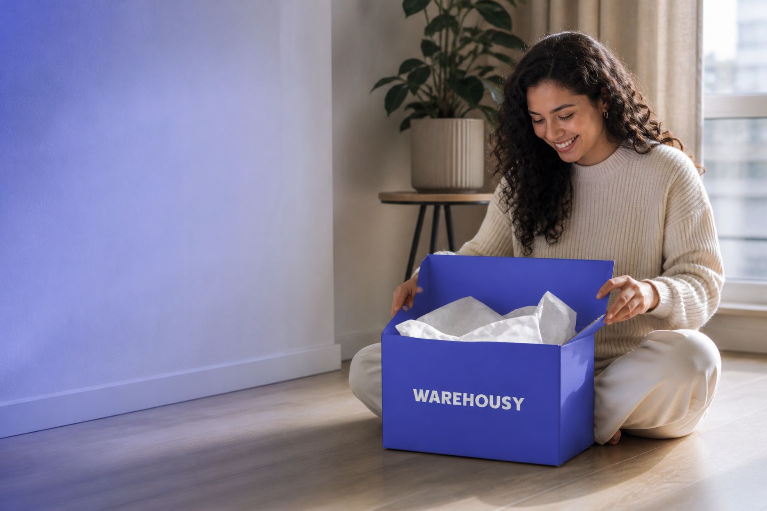 Clienta abriendo su caja de Warehousy