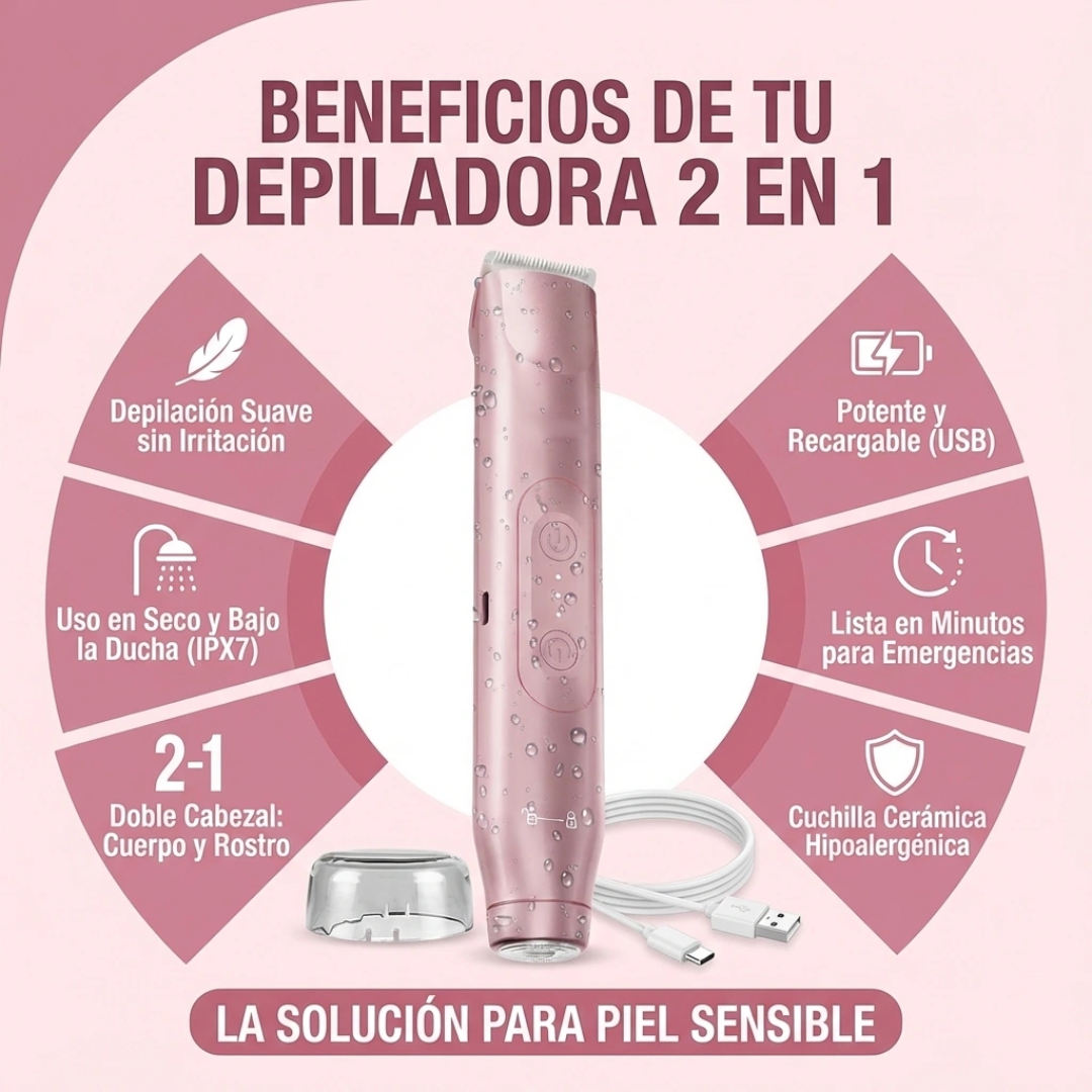 Depiladora Eléctrica Multifuncional 2 en 1 Recargable Recortadora de Bikini para Mujer