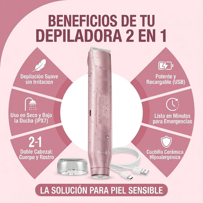 Depiladora Eléctrica Multifuncional 2 en 1 Recargable Recortadora de Bikini para Mujer
