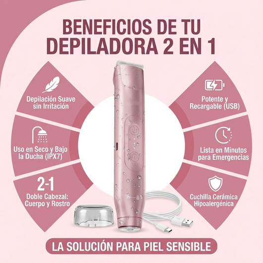 Depiladora Eléctrica Multifuncional 2 en 1 Recargable Recortadora de Bikini para Mujer