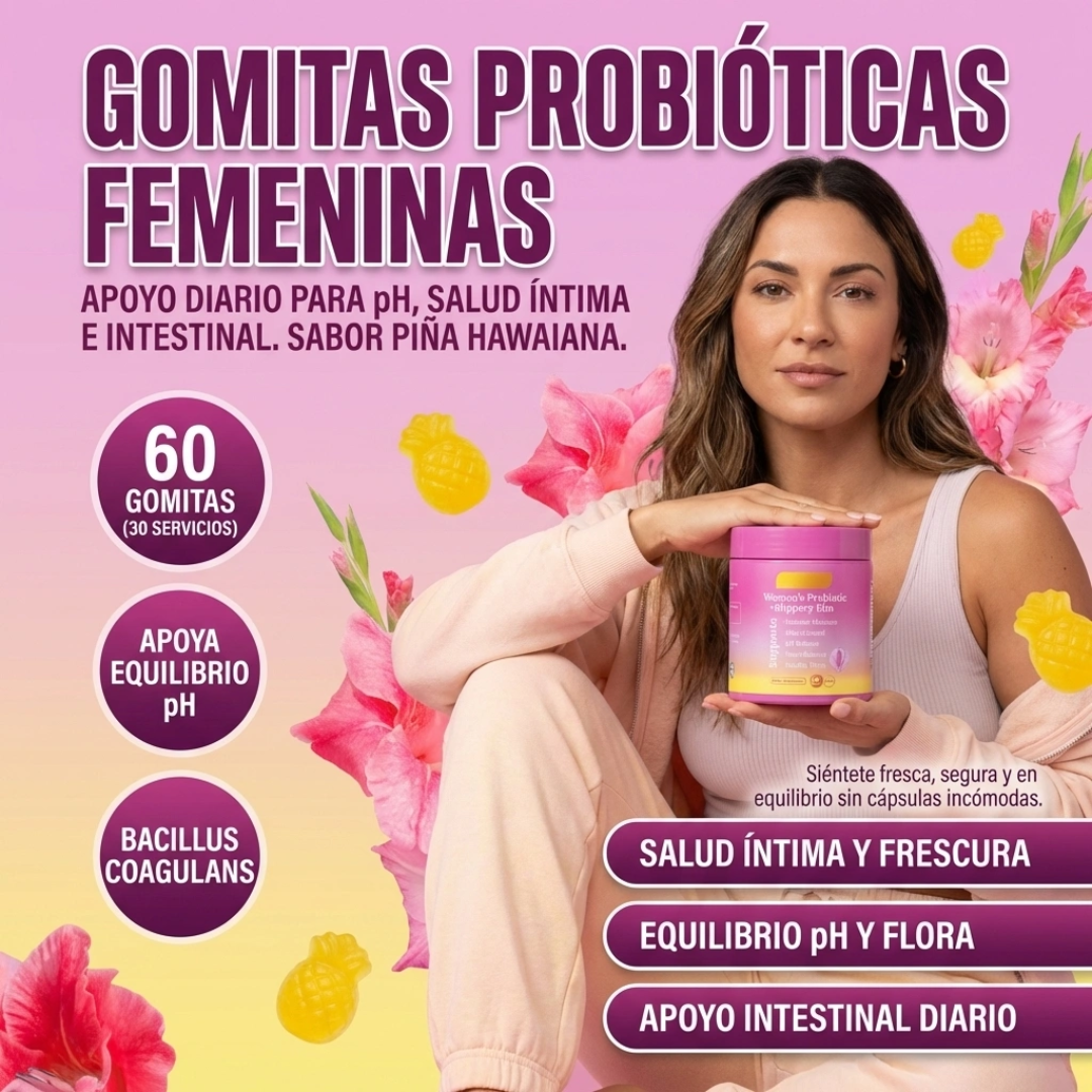 Gomitas de Probióticos Femeninos para Mujeres - Promueve el Equilibrio del PH, la Salud Intestinal y el Apoyo Inmunológico, Sabor a Piña, 60 Gomas