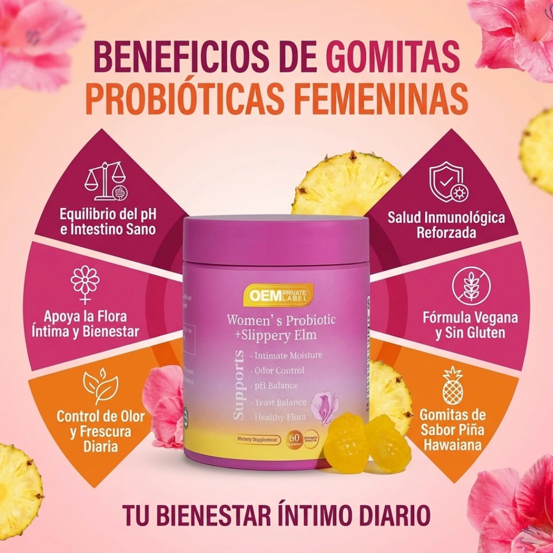Gomitas de Probióticos Femeninos para Mujeres - Promueve el Equilibrio del PH, la Salud Intestinal y el Apoyo Inmunológico, Sabor a Piña, 60 Gomas