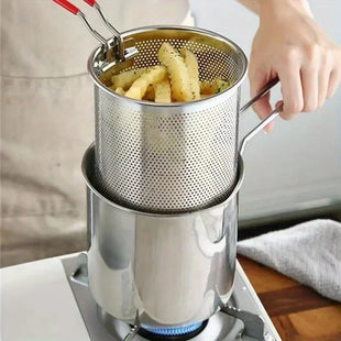 stainless steel fryer with French fries and chicken wings, household small oil pot with filter screen, Tianfu Luo pot