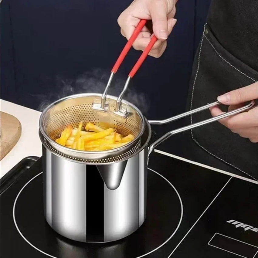 stainless steel fryer with French fries and chicken wings, household small oil pot with filter screen, Tianfu Luo pot