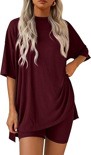 Conjunto de dos piezas para mujer, ropa cómoda y fresca, camisa holgada y pantalones cortos tipo ciclista a juego