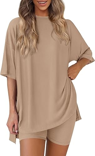 Conjunto de dos piezas para mujer, ropa cómoda y fresca, camisa holgada y pantalones cortos tipo ciclista a juego