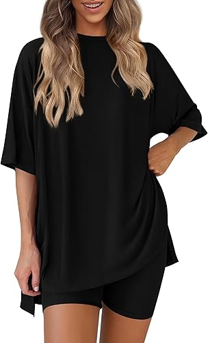 Conjunto de dos piezas para mujer, ropa cómoda y fresca, camisa holgada y pantalones cortos tipo ciclista a juego
