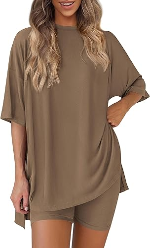 Conjunto de dos piezas para mujer, ropa cómoda y fresca, camisa holgada y pantalones cortos tipo ciclista a juego