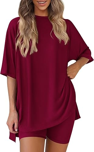 Conjunto de dos piezas para mujer, ropa cómoda y fresca, camisa holgada y pantalones cortos tipo ciclista a juego