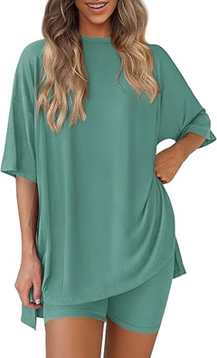 Conjunto de dos piezas para mujer, ropa cómoda y fresca, camisa holgada y pantalones cortos tipo ciclista a juego