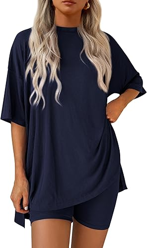 Conjunto de dos piezas para mujer, ropa cómoda y fresca, camisa holgada y pantalones cortos tipo ciclista a juego