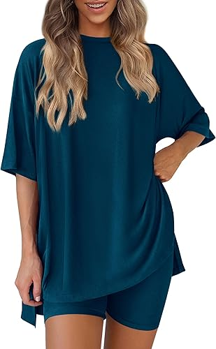 Conjunto de dos piezas para mujer, ropa cómoda y fresca, camisa holgada y pantalones cortos tipo ciclista a juego