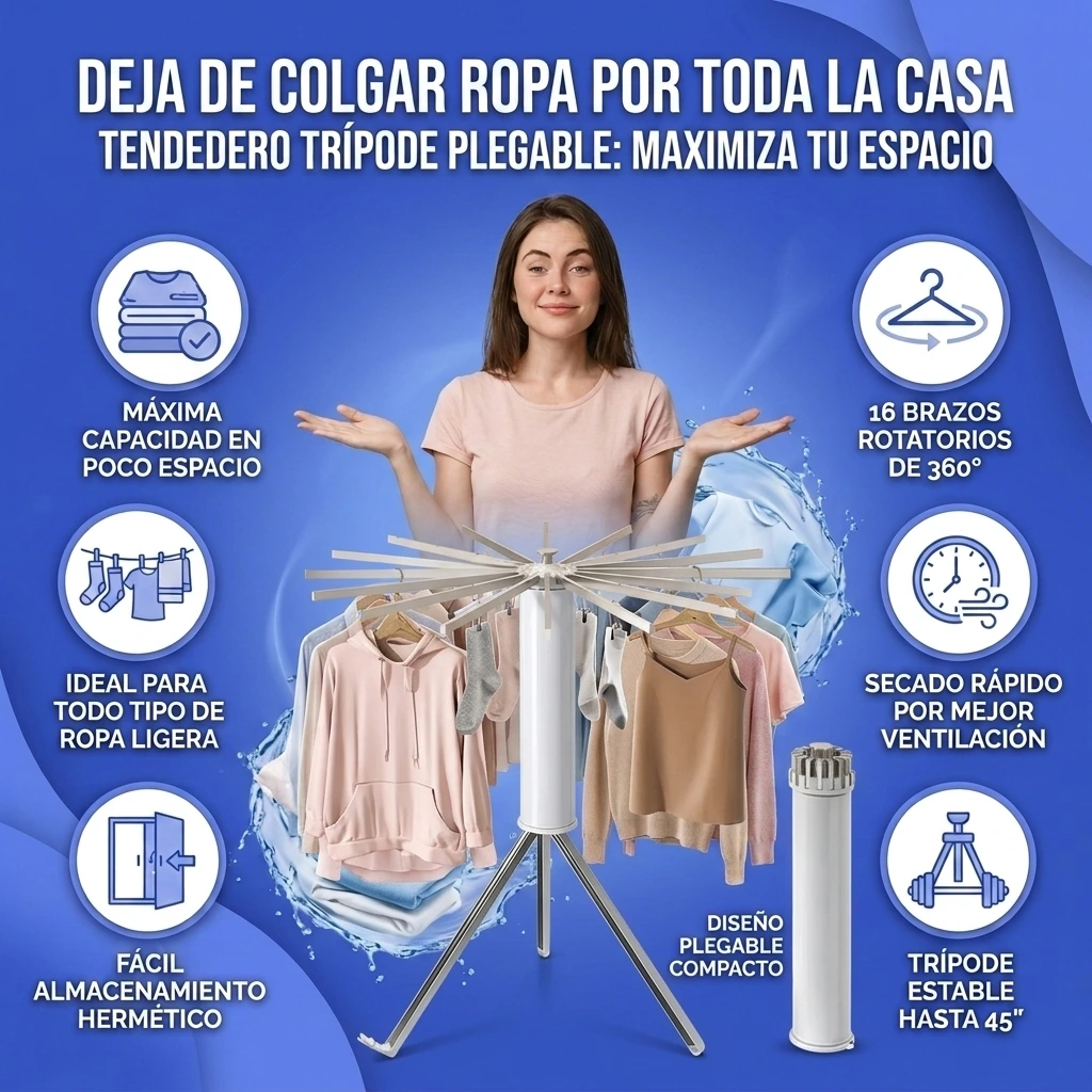 Trípode de Secado de Ropa, Plegable, Ahorro de Espacio, 16 brazos Giratorios, Diámetro de 3.6 pies, 3 Patas para Interiores y Exteriores