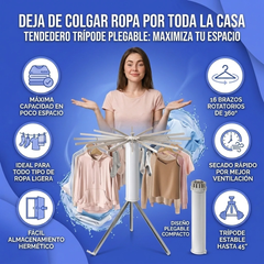 Trípode de Secado de Ropa, Plegable, Ahorro de Espacio, 16 brazos Giratorios, Diámetro de 3.6 pies, 3 Patas para Interiores y Exteriores