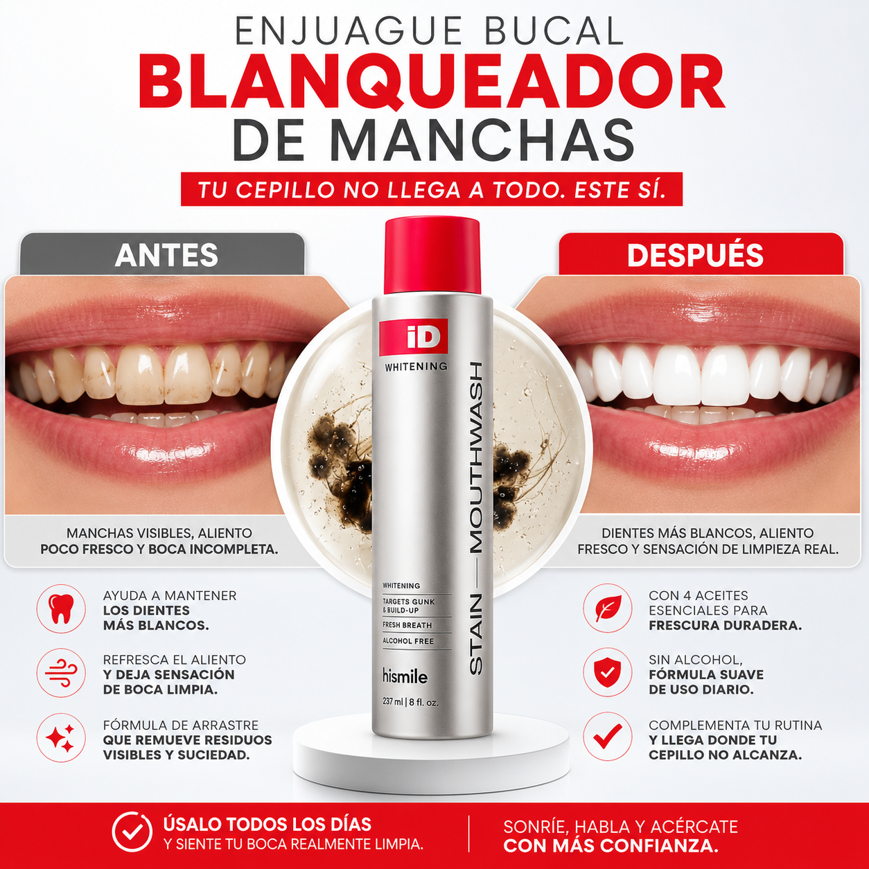 Enjuague Bucal Blanqueador de Manchas, Elimina la Suciedad para un Aliento Fresco