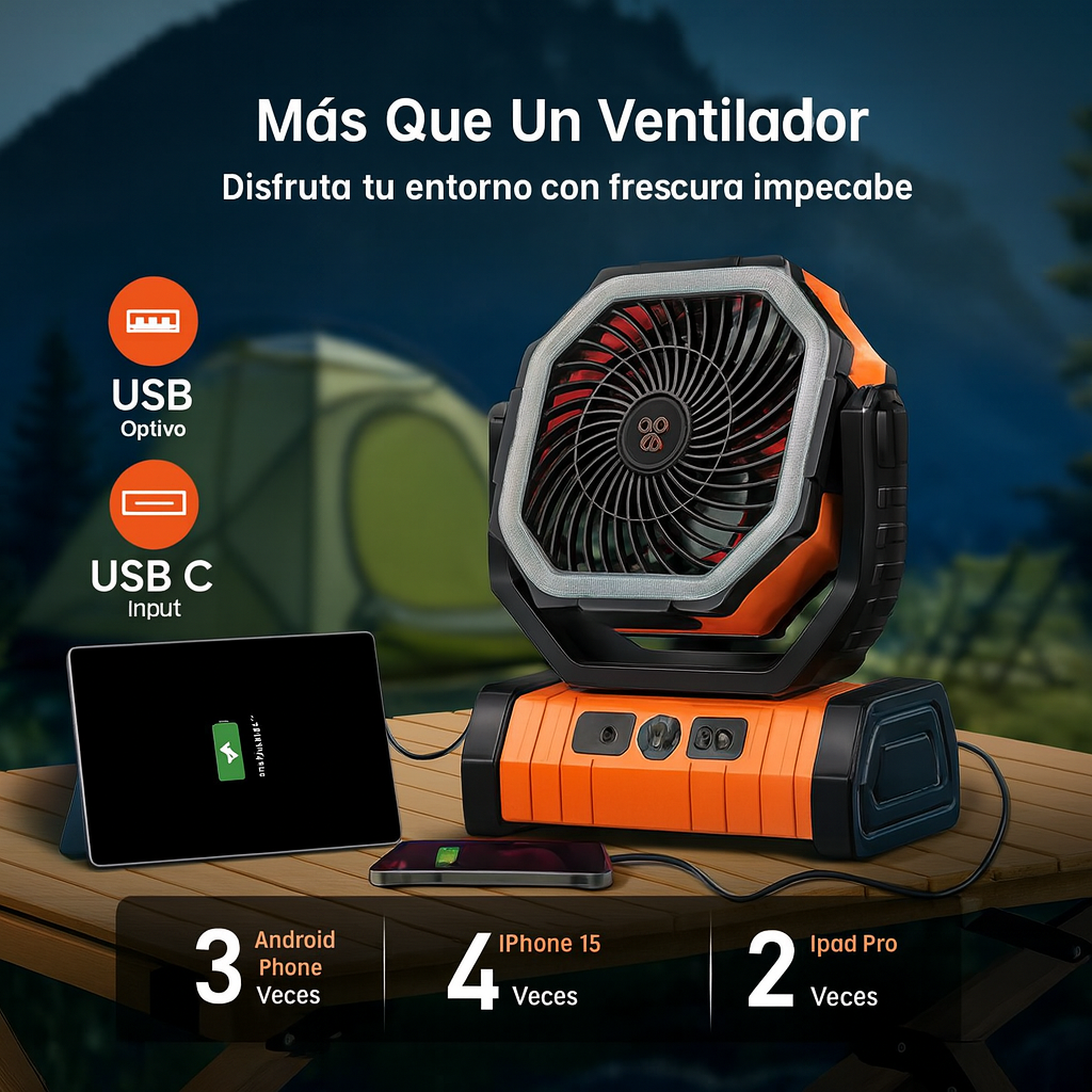 Ventilador Rotacional Portatil, Estación de Carga y Linterna. ⚡ de 20000mAh