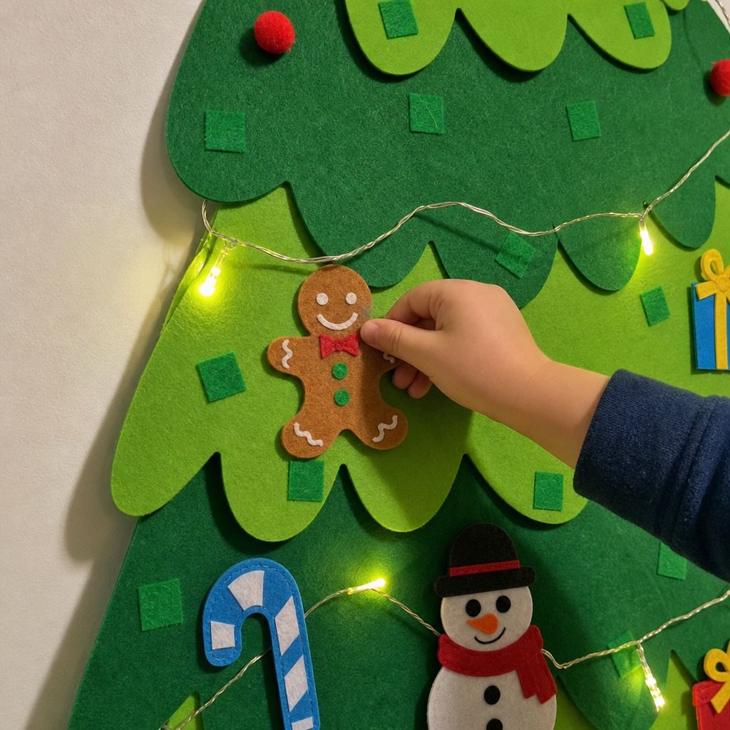 Mano de niño pegando un adorno de fieltro