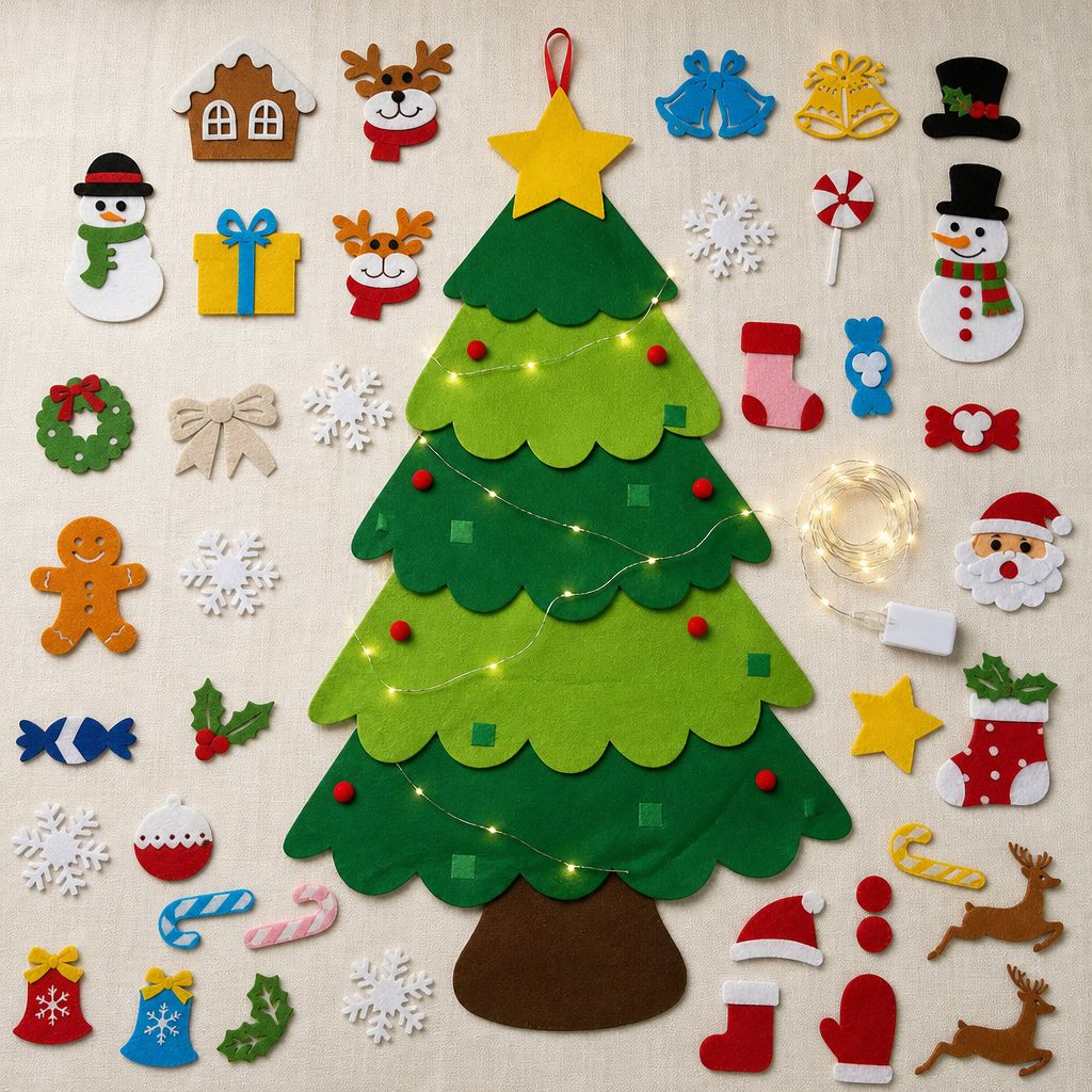 Árbol de fieltro, 40 adornos y luces LED
