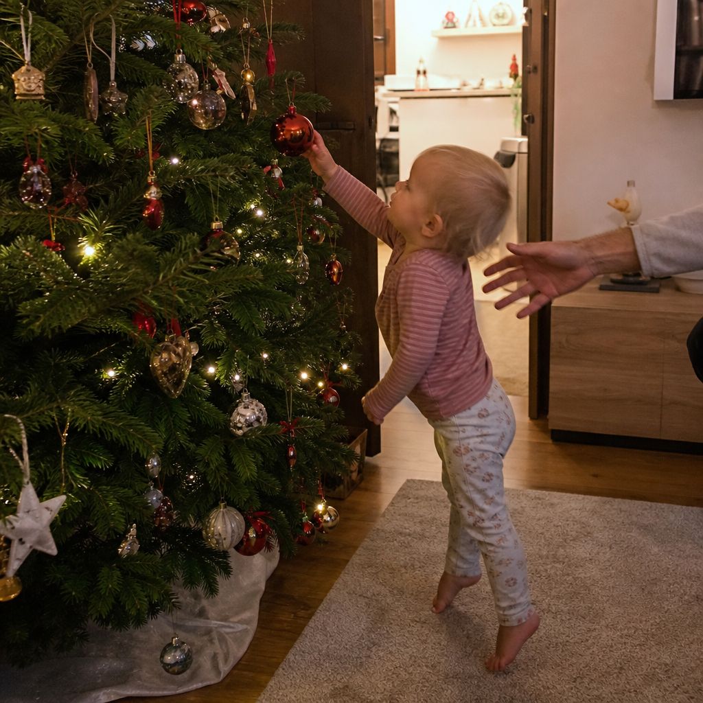 Toddler reaching for a glass ornament