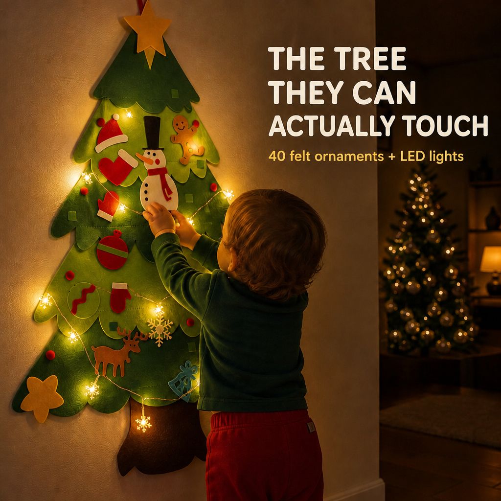 Toddler decorating the glowing felt tree at night