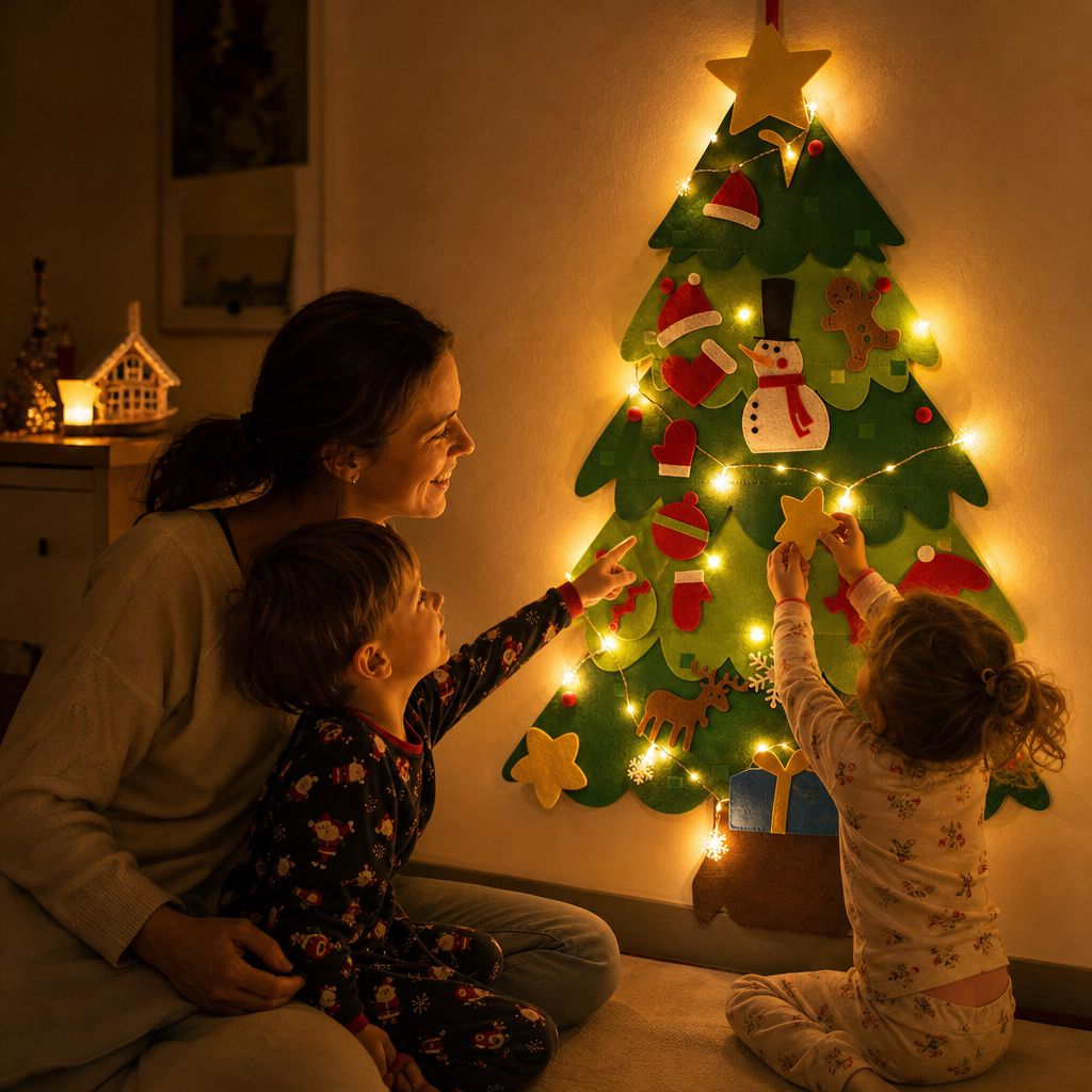 Mom with her kids next to the felt tree