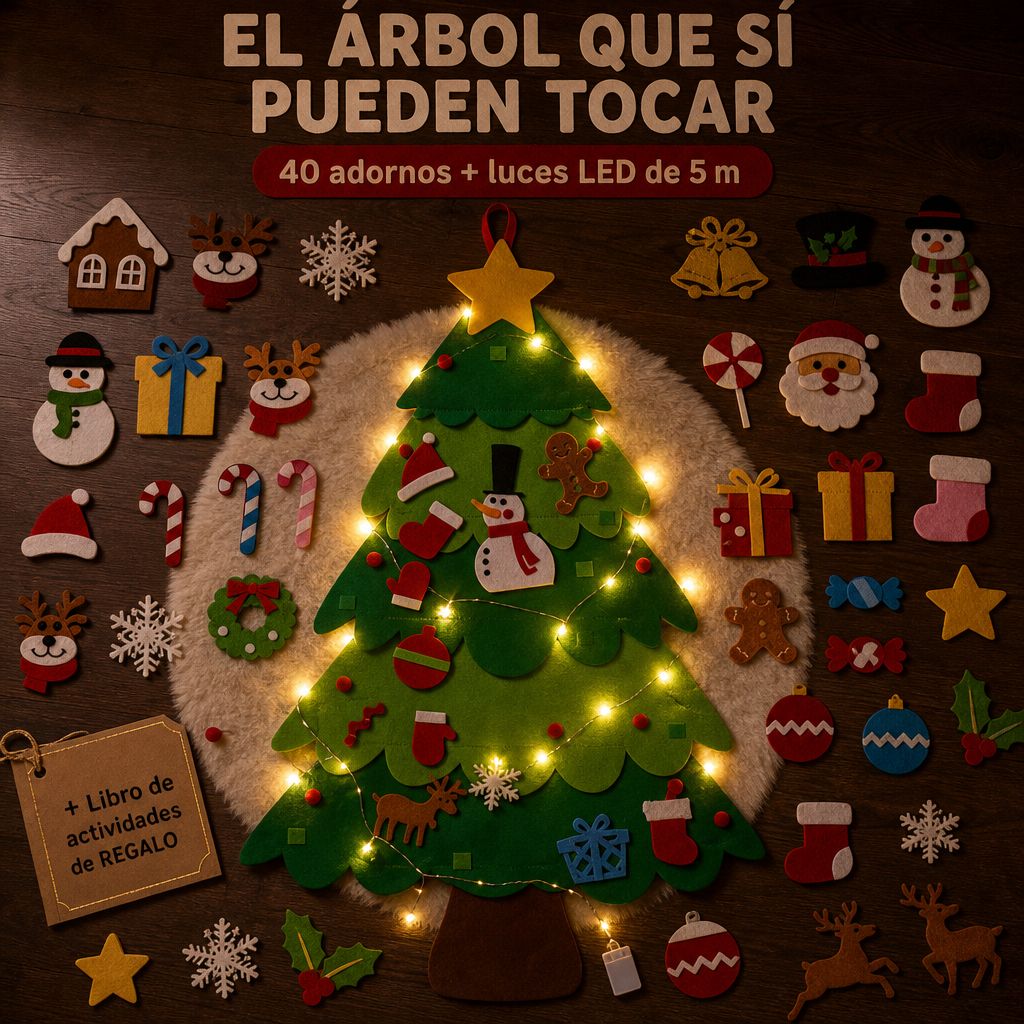 Arbolito de fieltro con luces, 40 adornos y libro de actividades de regalo
