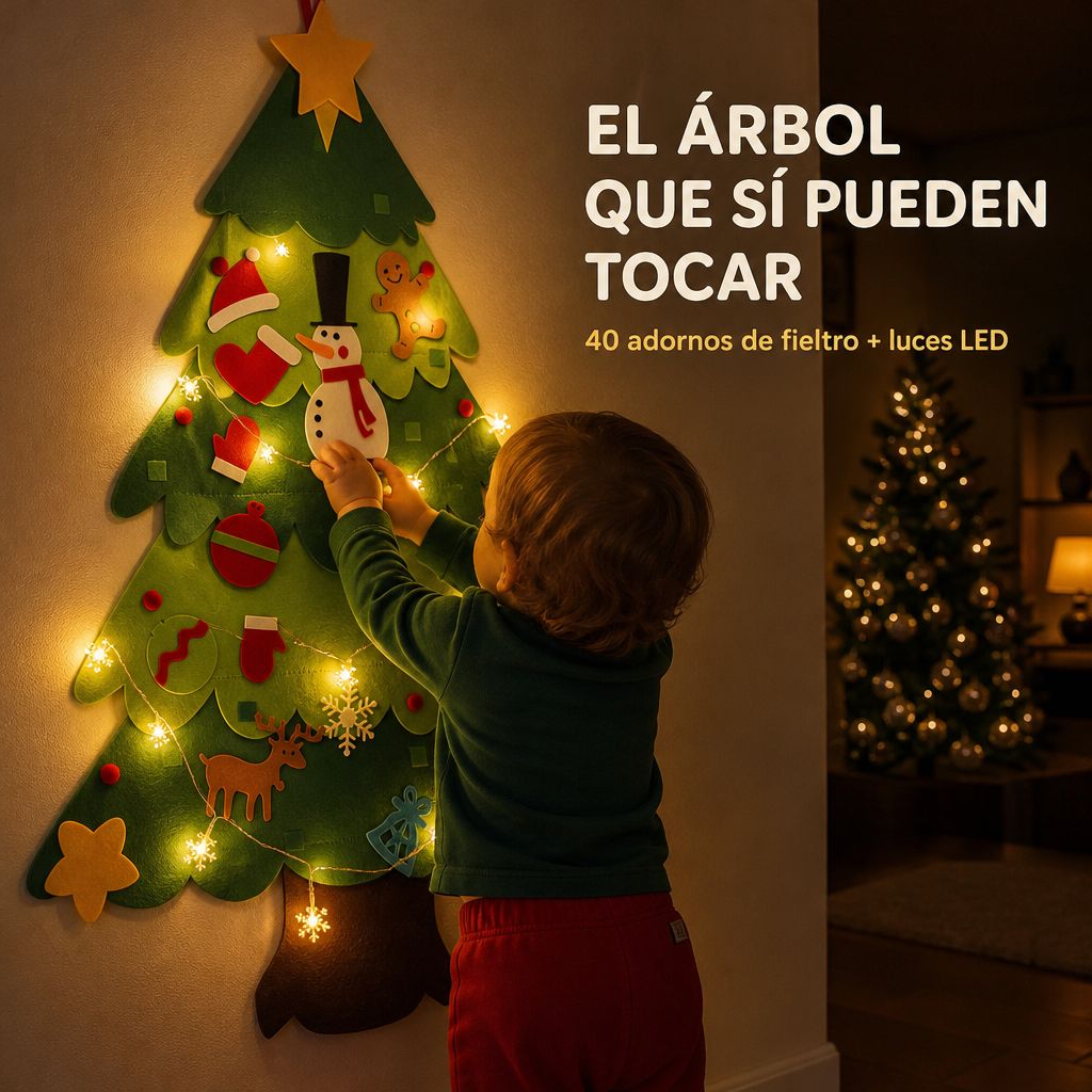 Niño decorando el arbolito de fieltro encendido de noche