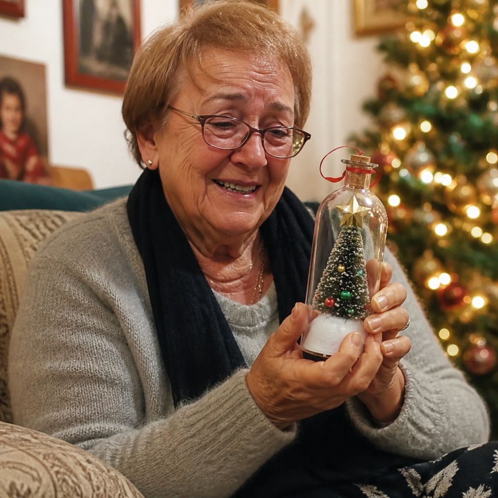 Abuela emocionada escuchando el mensaje de sus nietos
