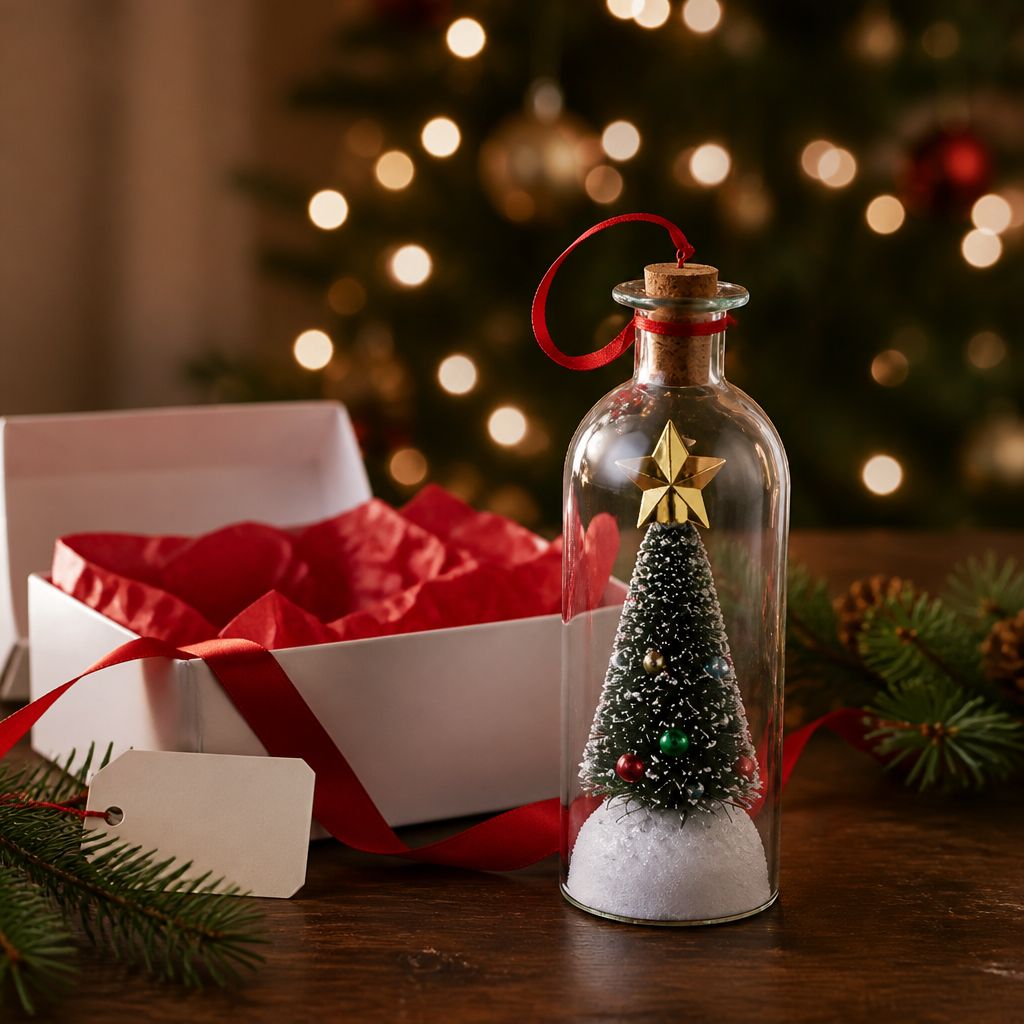 Arbolito en botella junto a su caja de regalo