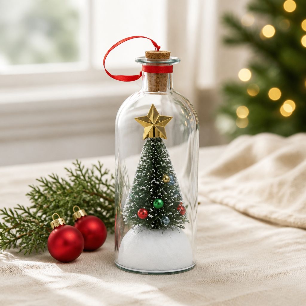Arbolito navideño dentro de una botella de vidrio con corcho