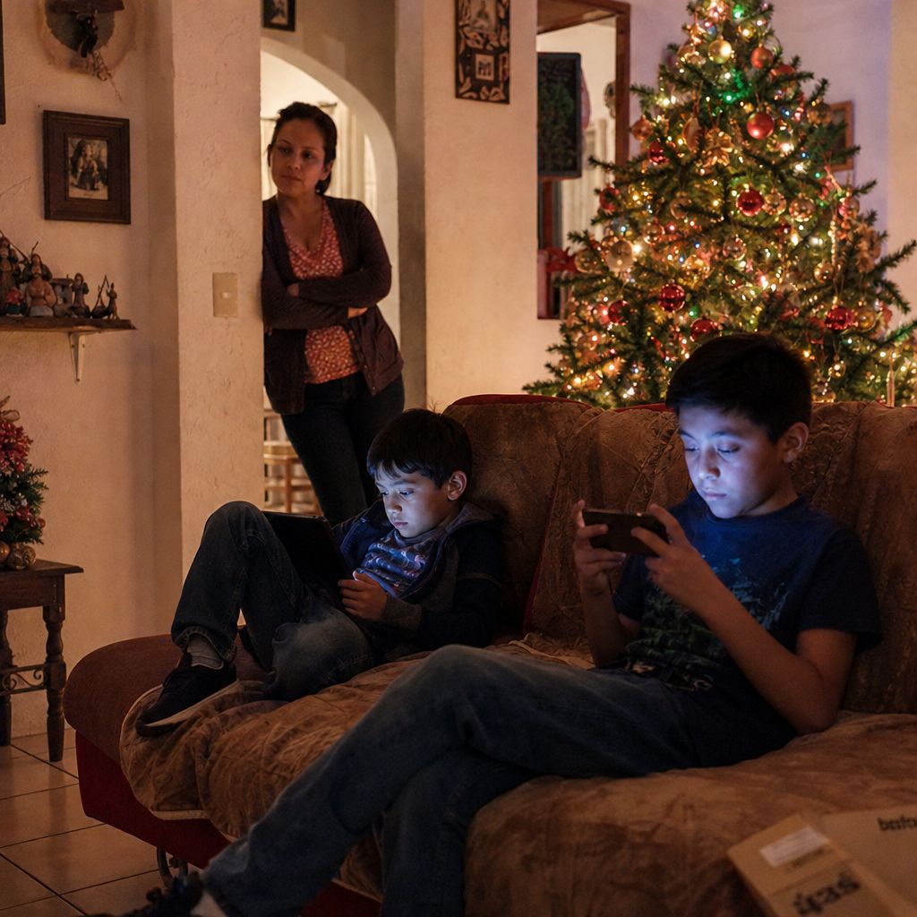 Niños con tableta y celular frente al árbol