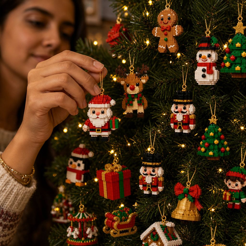 Mano colgando un adorno de Santa en el árbol