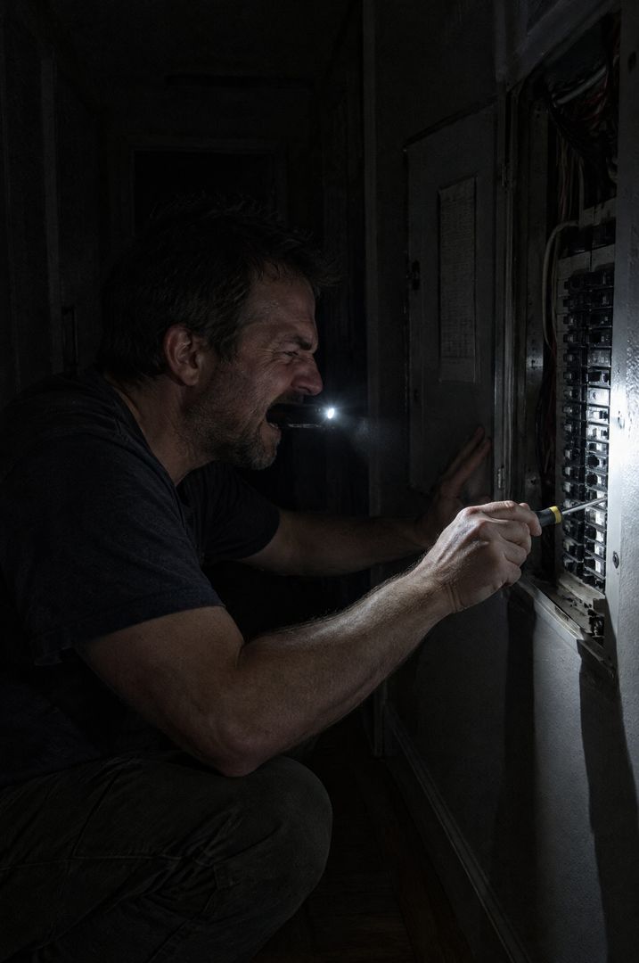 Hombre revisando los fusibles a oscuras con el teléfono en la boca