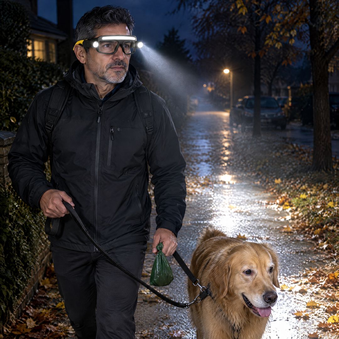 Hombre paseando a su perro de noche con las gafas FARO encendidas