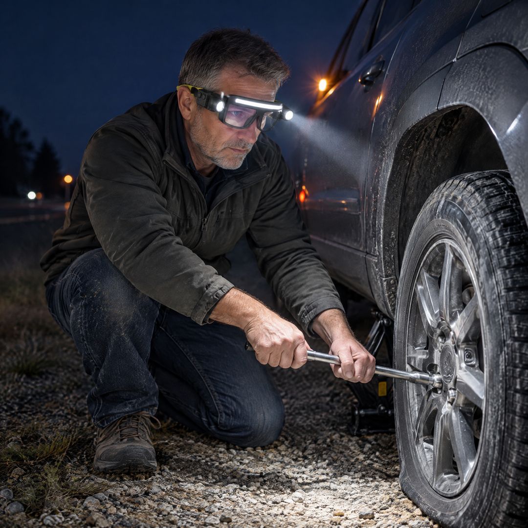 Hombre cambiando una rueda de noche con las gafas FARO
