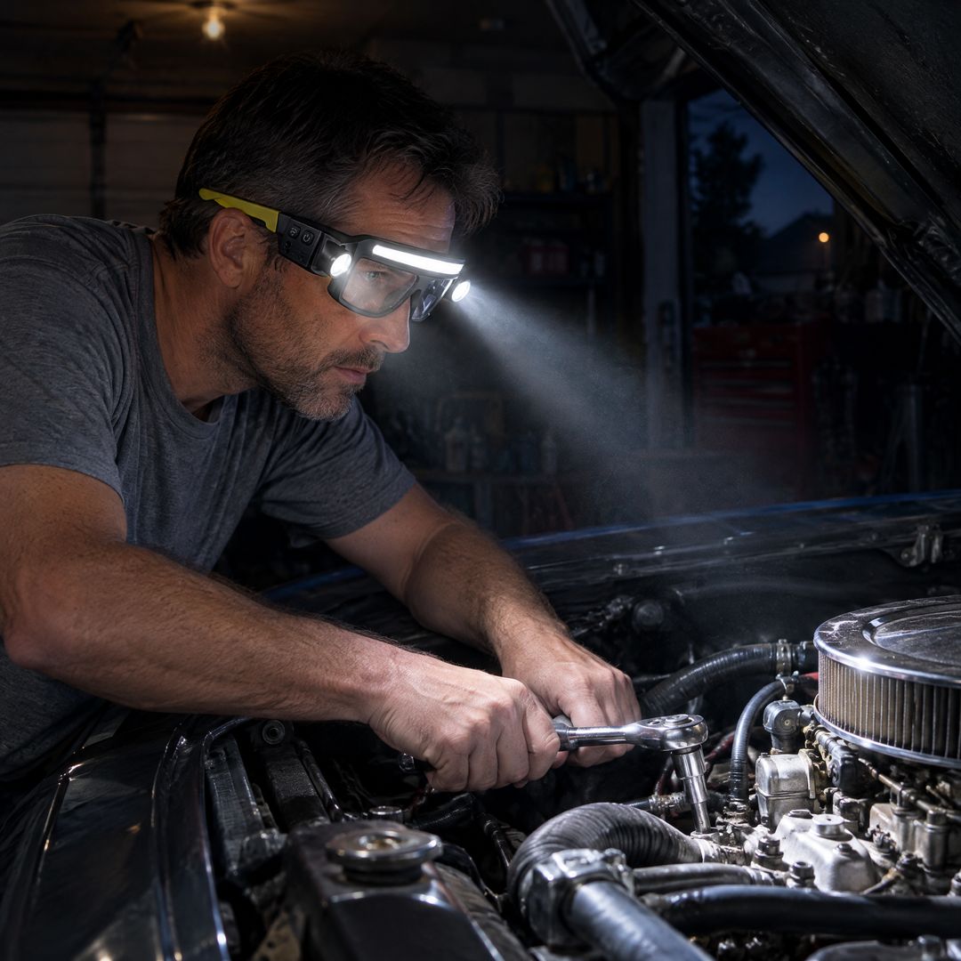 Hombre trabajando en el motor de un auto con las gafas FARO