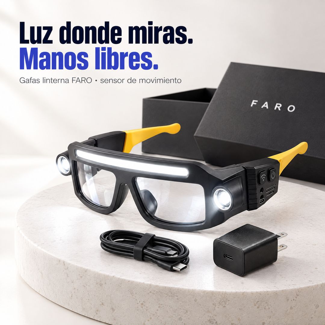 Gafas linterna FARO encendidas con su cable USB-C, su cargador y su caja