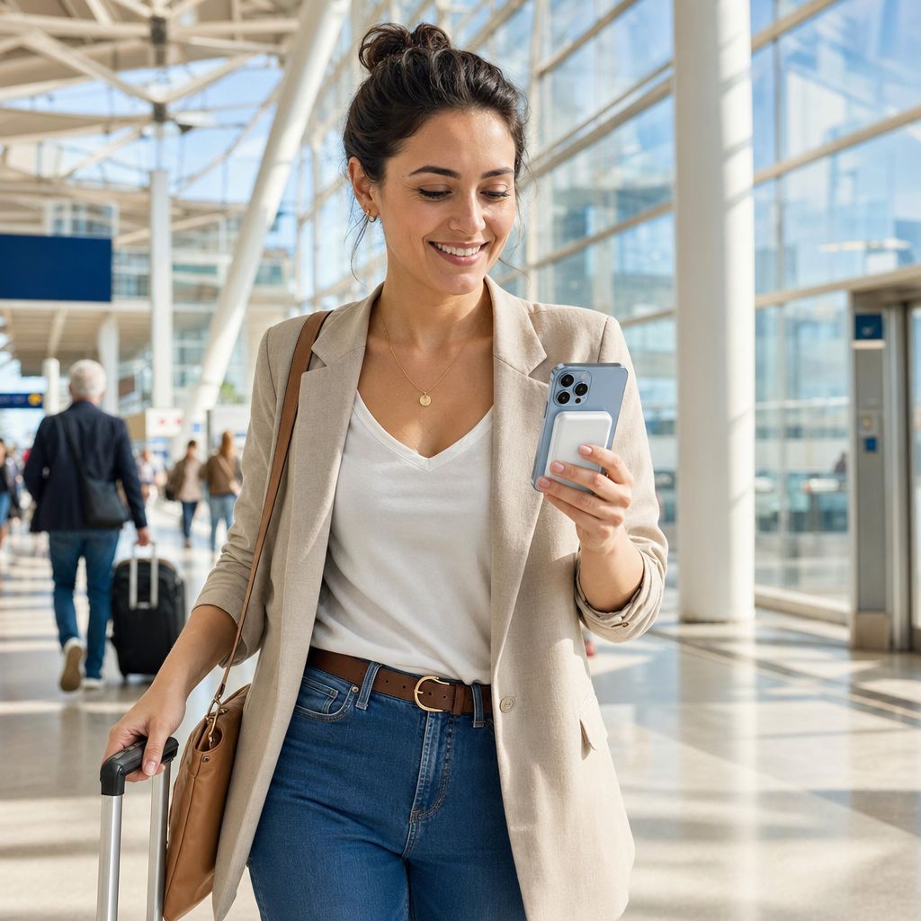 La misma mujer caminando sonriente por el aeropuerto con la HALO pegada a su iPhone