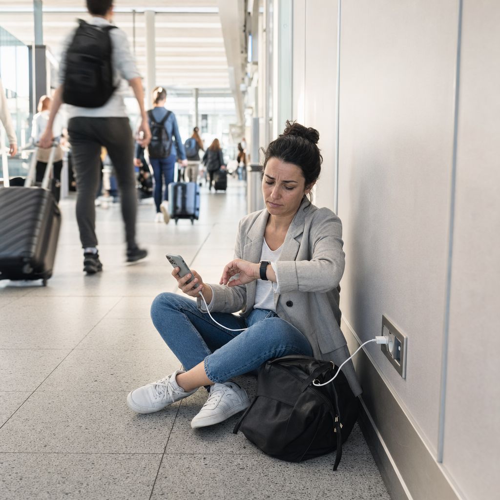 Mujer sentada en el piso del aeropuerto junto a un enchufe, esperando a que cargue su celular