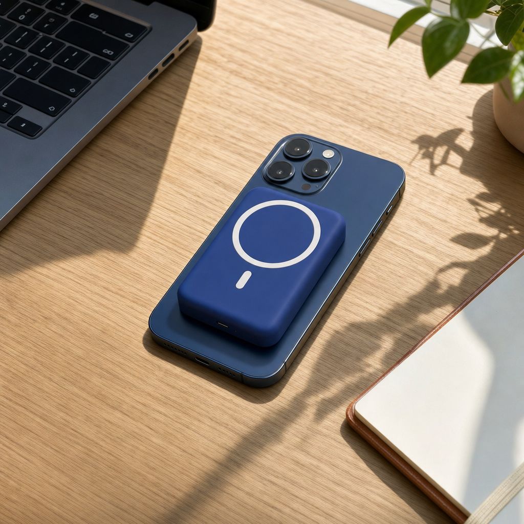 iPhone con HALO azul sobre un escritorio