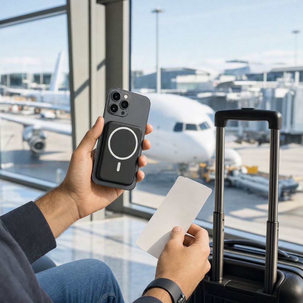 HALO negra pegada a un iPhone en el aeropuerto