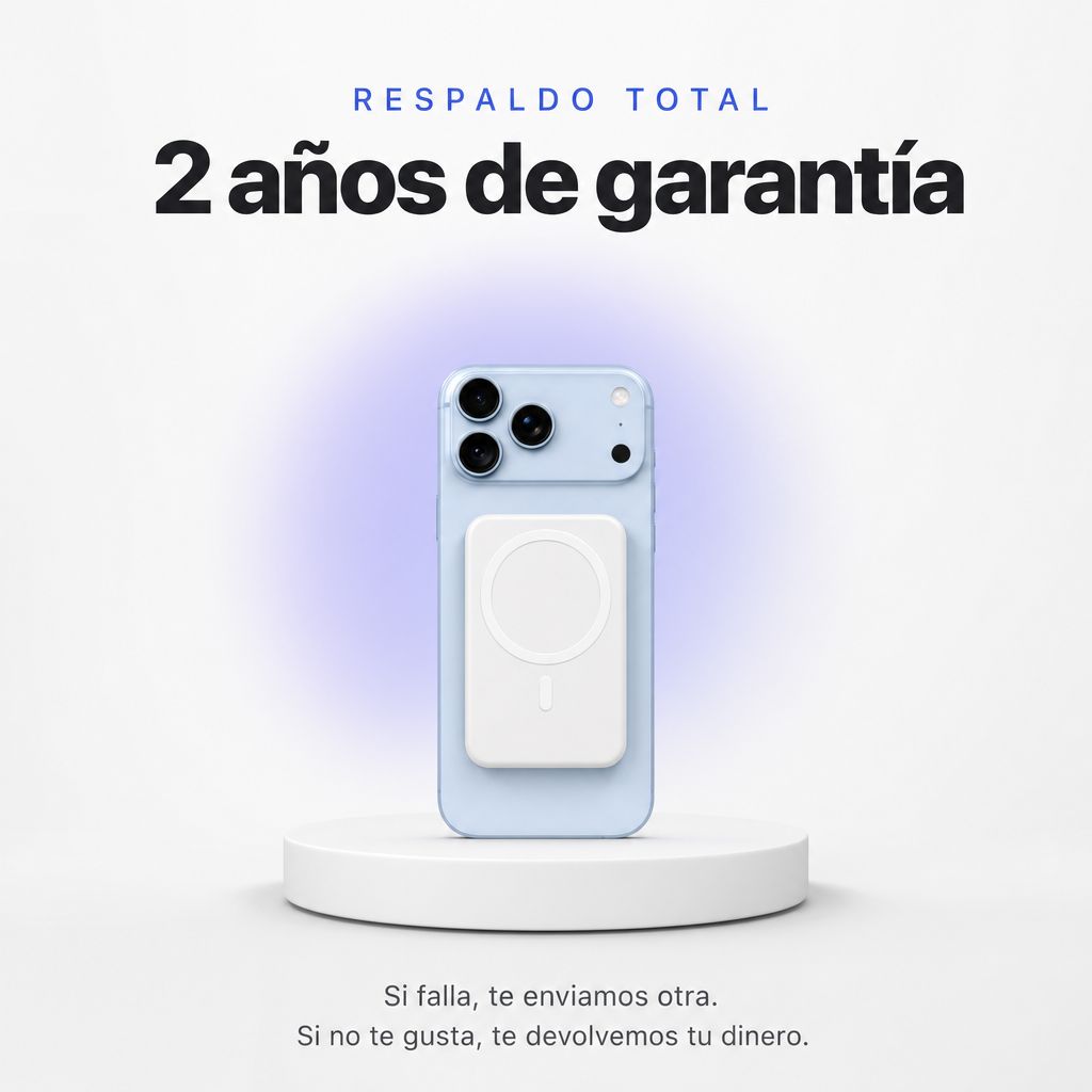 iPhone con la HALO blanca sobre un pedestal: 2 años de garantía, si falla te enviamos otra y si no te gusta te devolvemos tu dinero