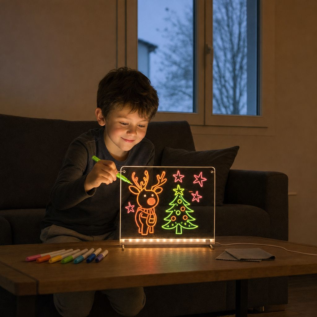 El mismo niño dibujando en LUMA encendida