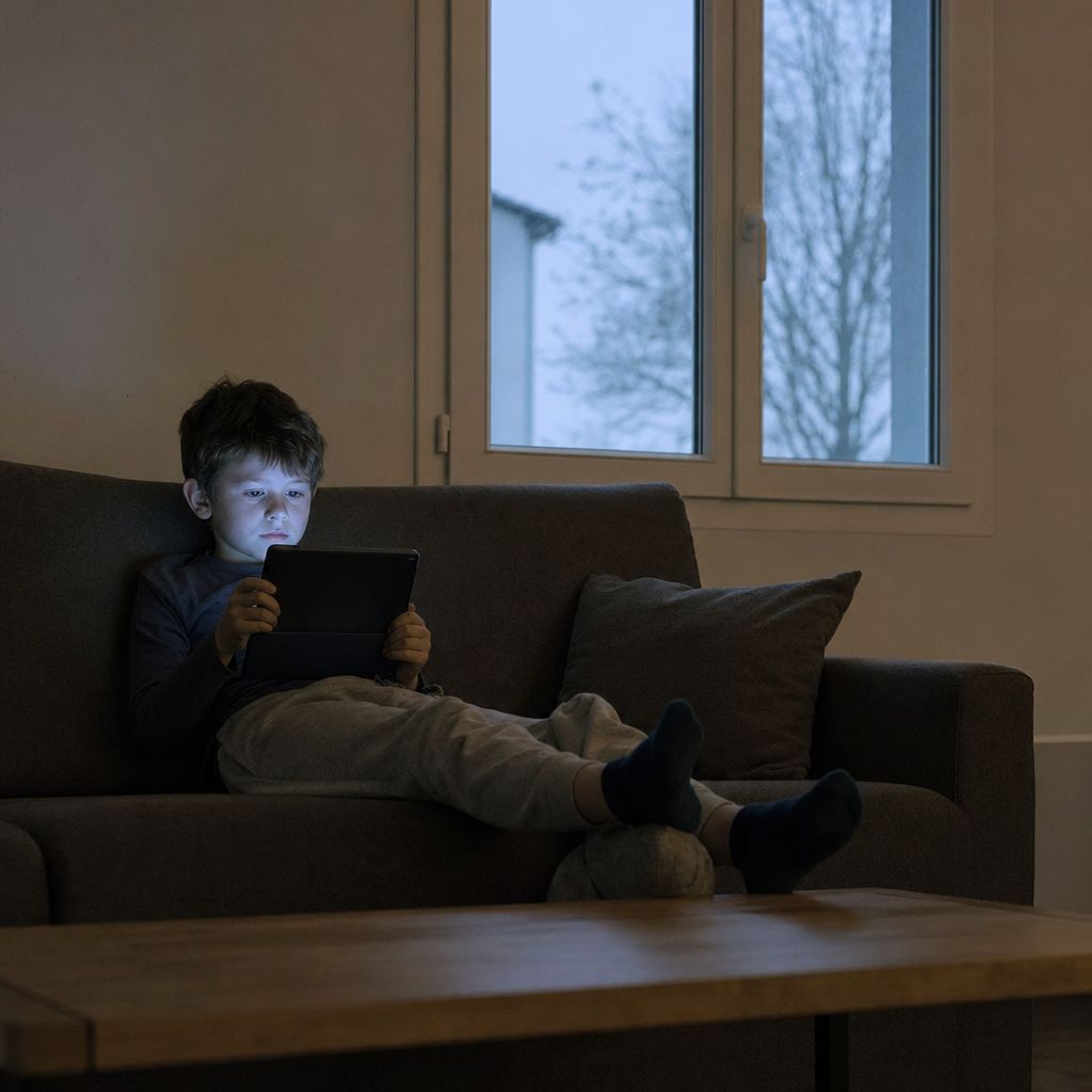 Niño aburrido con la tablet en el sofá